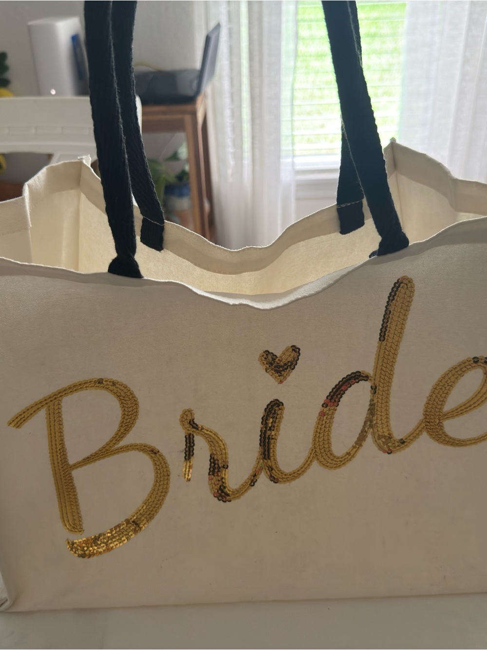 Cream Tote Bag with Gold Sequin 'Bride' Script and Black Handles